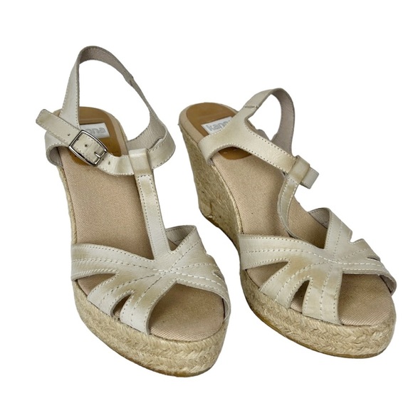 Kanna Genuine Leather Beige Tan T-Strap, Ankle Strap Espadrille Wedge Sandals - Picture 6 of 6